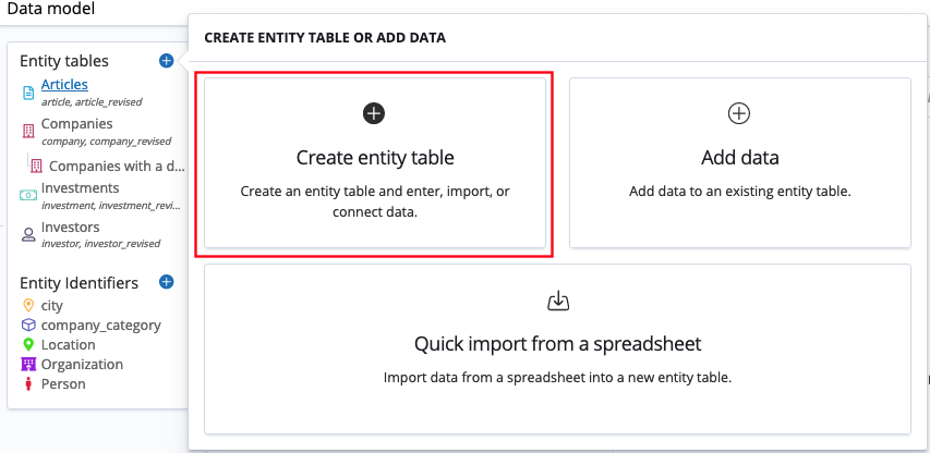Importing data and creating an entity table