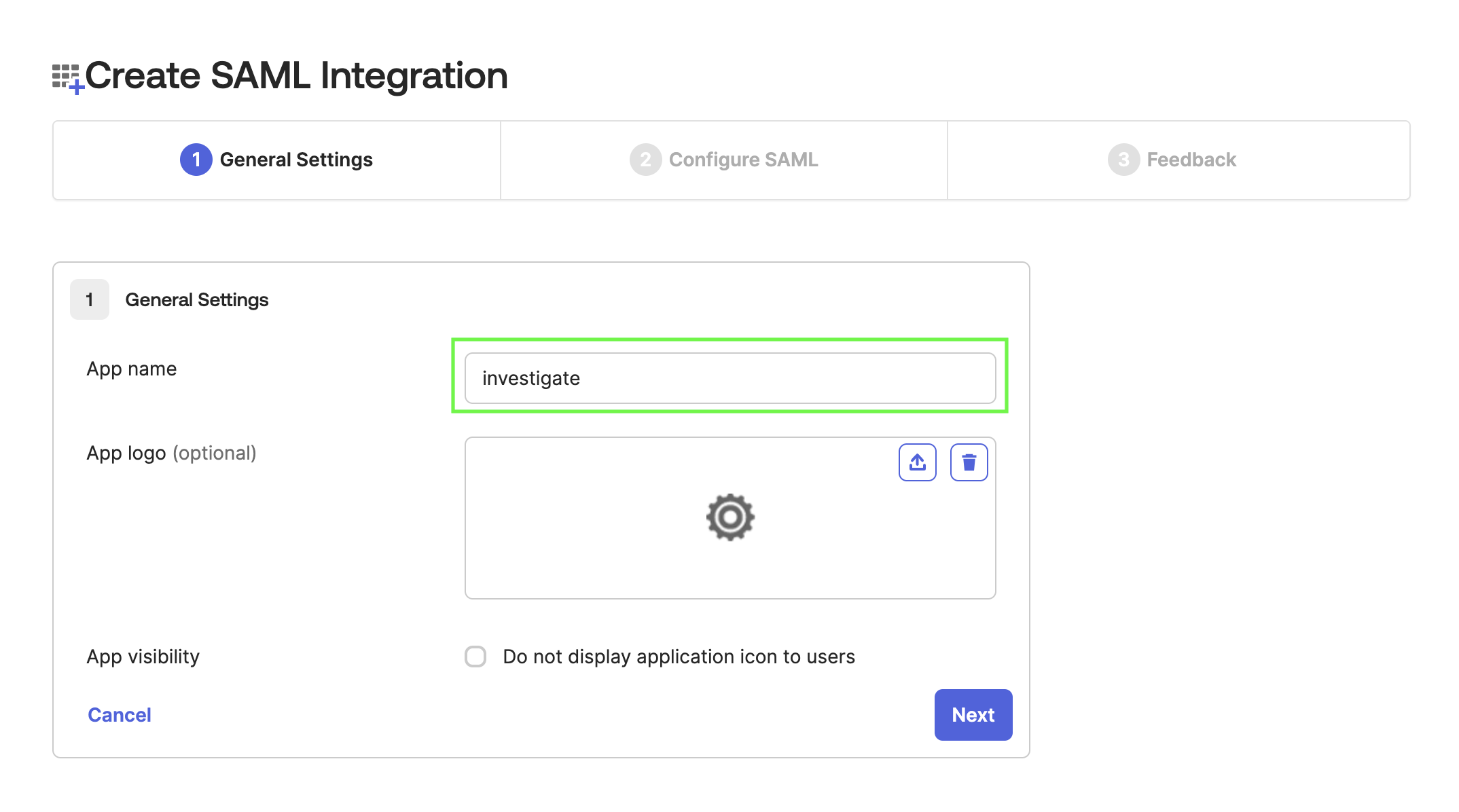 Create Investigate application in OKTA