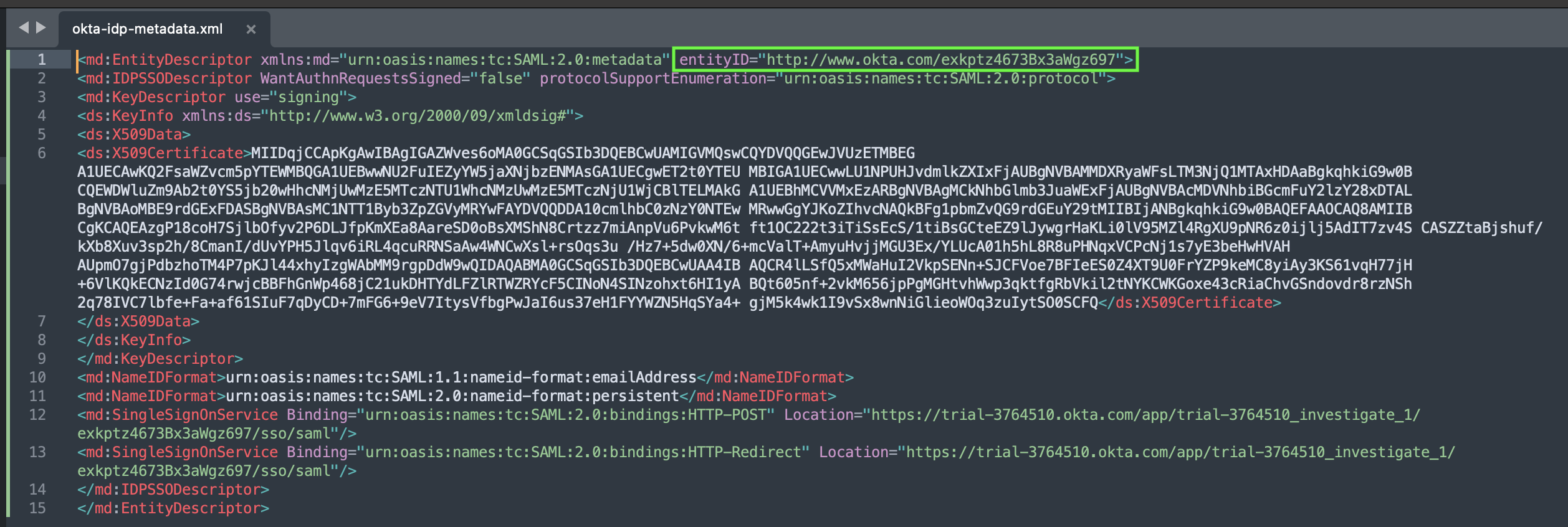 Idp metadata example in Okta