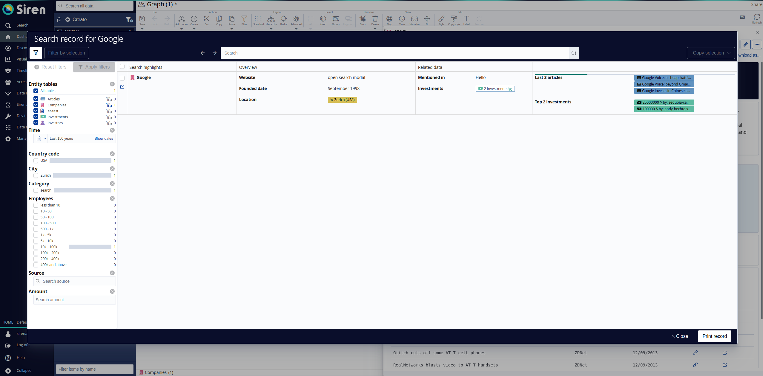 Search modal displaying predefined record. image