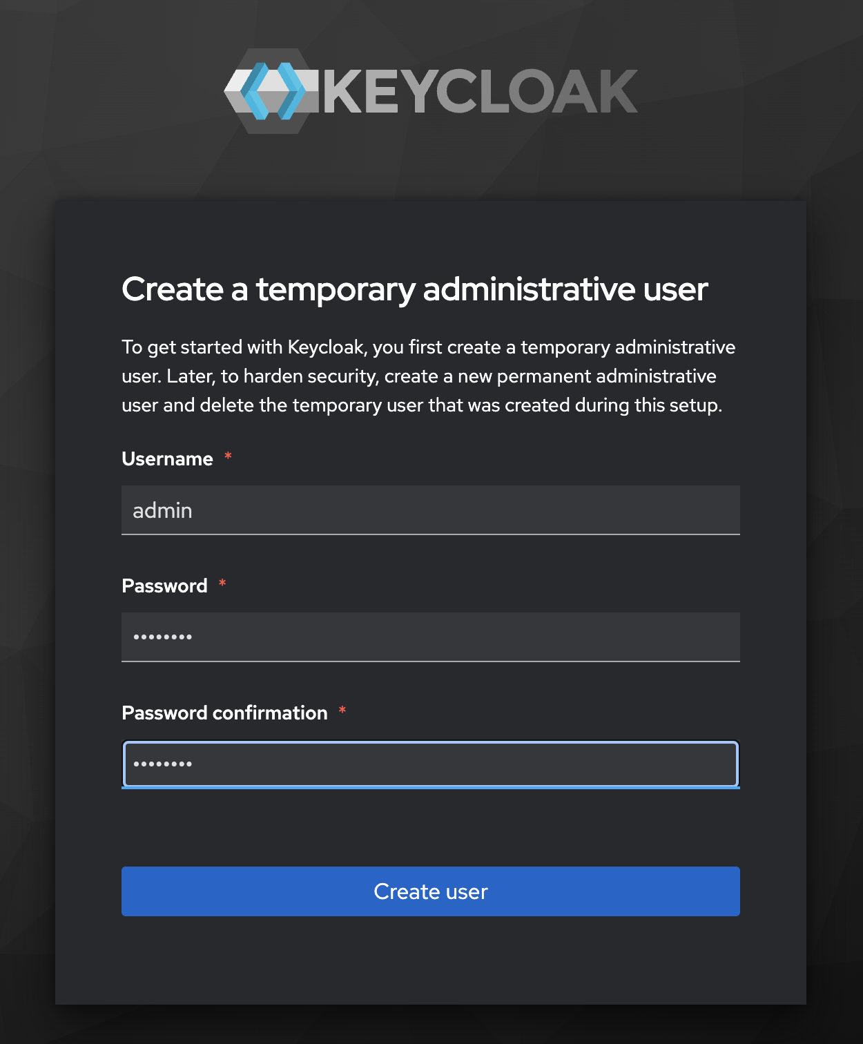 Create keycloak admin user