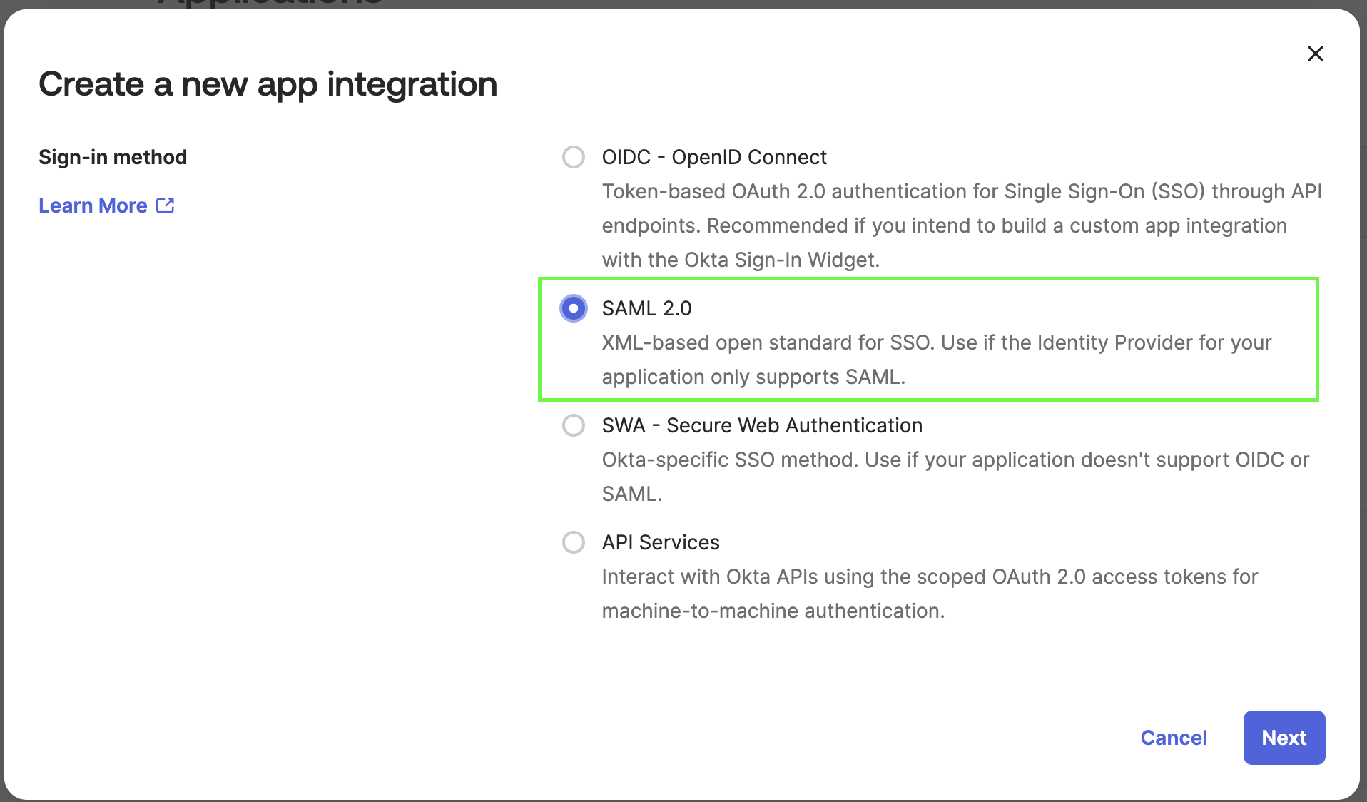 Create Investigate application in OKTA